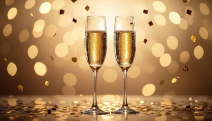 Two elegant flutes of sparkling wine toasting with falling confetti on a golden bokeh background