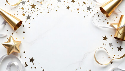 Elegant celebration background with golden party horns, shiny stars, and confetti on white