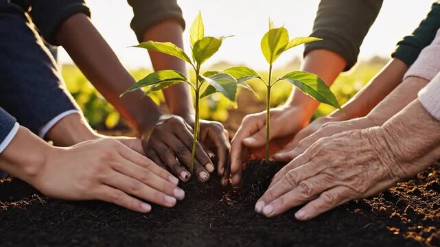 Diverse group of hands planting a sapling together in fertile soil.