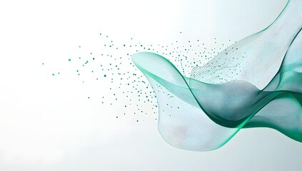 Abstract digital wave dissolving into particles and data streams against a clean white background representing technology and information flow