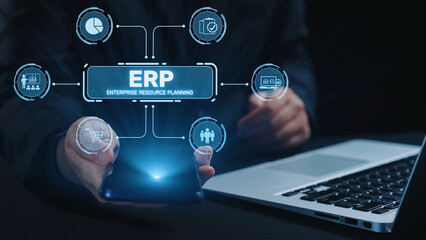 ERP platform visual showing centralized system for enterprise resource planning, improving integration, data flow, business efficiency, finance, inventory, and human resources. Elide