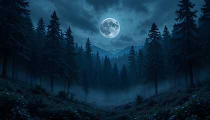 Dark Night Forest Background with Full Moon, Silhouetted Trees, and Mysterious Atmospheric Glow