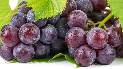 Fresh Dark Purple Grapes with Green Leaves Covered in Water Droplets on White Background