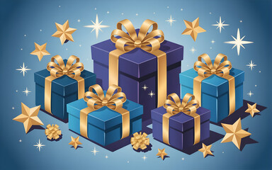 Festive blue gift boxes with gold ribbons and stars for celebrations