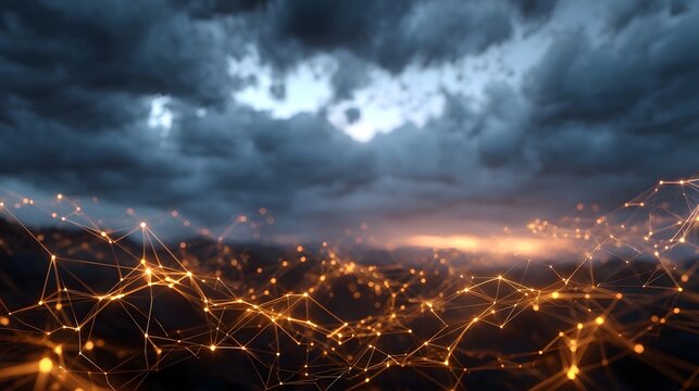 A luminous digital network emerges from a dark stormy landscape under dramatic clouds