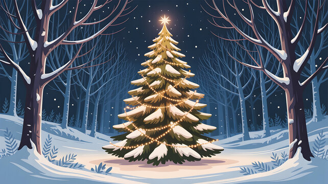 Snow covered christmas tree shining in a winter forest landscape - Powered by Adobe