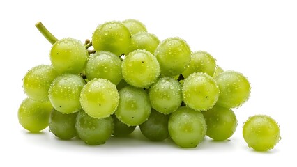 Green Grapes Cluster with Water Droplets on White Background