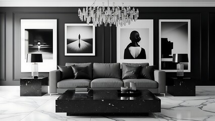 A luxurious living room with a modern sofa, art, and elegant decor.