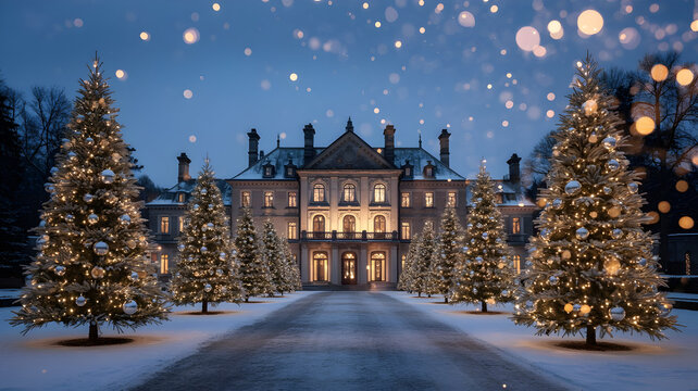 Christmas at the manor snowfall and lights illuminate a grand estate - Powered by Adobe