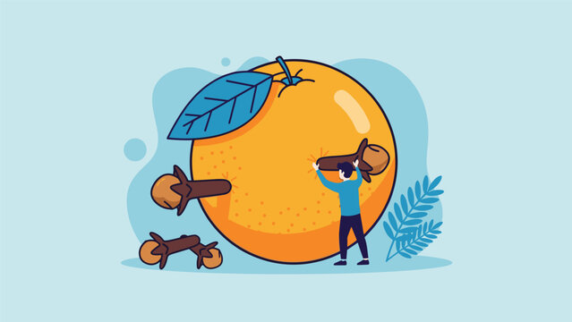 Man making a pomander by studding a large orange with whole cloves in a festive holiday flat design illustration.