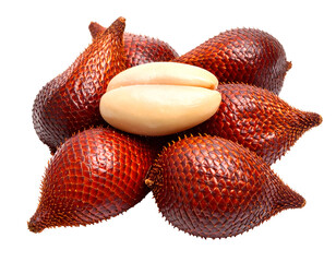 A cluster of fresh salacca fruits with one peeled showing its white flesh, arranged on a plain background