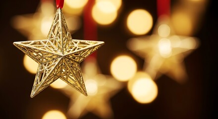 Intricate golden star ornament hangs in soft focus against a backdrop of warm glowing bokeh lights