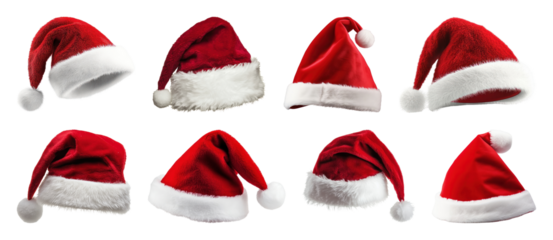 PNG Variety of festive Santa hats, element set on transparent background
