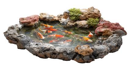 A small, ornamental pond in a village garden, with colorful koi fish visible just beneath the surface, isolated on a Transparent background