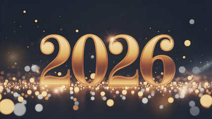 Golden 2026 new year celebration with bokeh lights and dark background