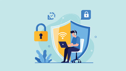 Man using a laptop with a secure VPN connection, protected by a shield in a modern flat design illustration.