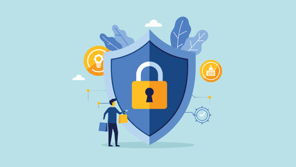 Cyber security concept with a businessman standing by a large shield with a padlock, symbolizing data protection.
