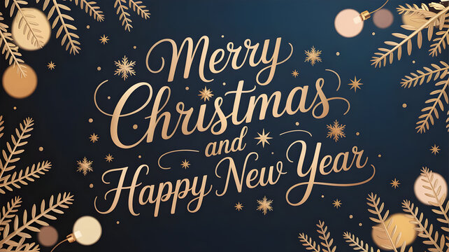 Elegant merry christmas and happy new year calligraphy with gold pine branches