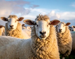 Fototapeta premium Close-up of sheep looking at the camera in a field at sunset