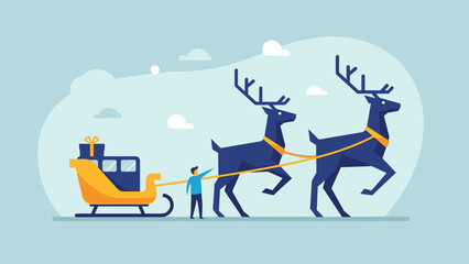 Modern flat illustration of a person with two large reindeer and Santa's sleigh, representing Christmas magic and gift-giving.