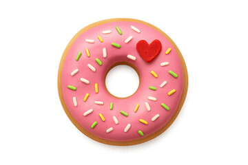 Fototapeta premium Sweet pink glazed donut with a red heart decoration and various sprinkles, representing love, celebration, and delicious treats