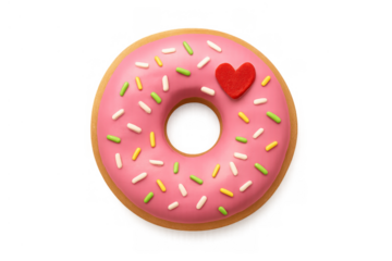 Sweet pink glazed donut with a red heart decoration and various sprinkles, representing love, celebration, and delicious treats