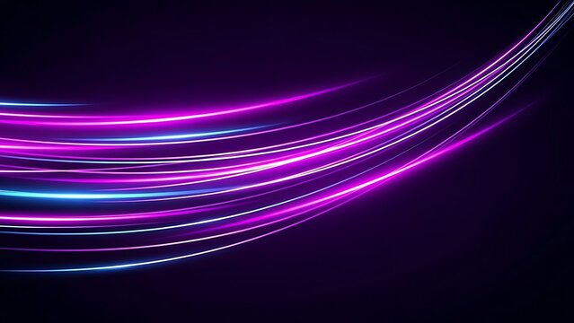 Abstract background with neon light trails in purple and blue flowing across a dark backdrop