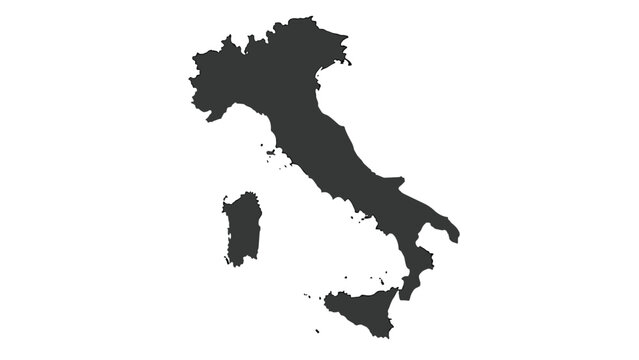 Simple black silhouette map of the country of Italy, including the islands of Sicily and Sardinia, isolated on a white background.