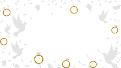 Obraz premium Wedding celebration background frame with falling diamond rings, white doves, and confetti against a clean white backdrop.