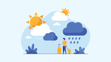 Obraz premium Flat design concept of choosing a travel destination based on weather, with a tourist standing between sun and rain clouds.