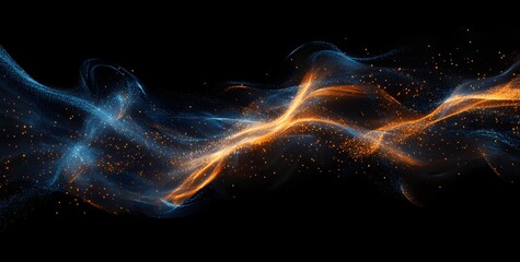 Abstract flowing energy waves of blue and orange light particles swirling and colliding in a dark cosmic nebula background