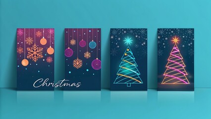 Collection of four modern and glittering christmas greeting card designs featuring abstract neon light christmas tree shapes and hanging ornament decorations against a dark blue background