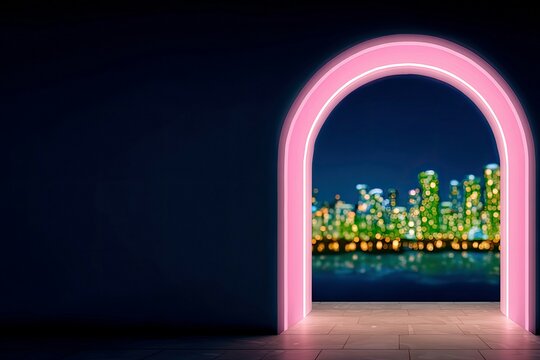 A pink neon archway frames a blurred cityscape at night, creating a modern and futuristic aesthetic.