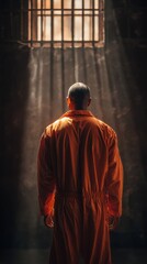Naklejka premium Man in orange prison jumpsuit standing by barred window in darkness, vertical photo 