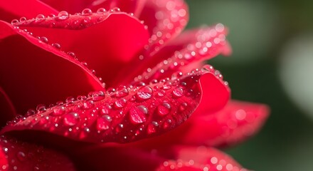 Macro view of dewdrops adorning vibrant red rose petals after morning rain