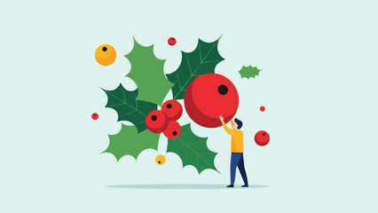 Modern flat design illustration of a person arranging a large holly branch with red berries, symbolizing Christmas decoration and preparation.