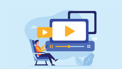 Modern flat design illustration of a person watching online videos or streaming content on a large screen with a mobile device.