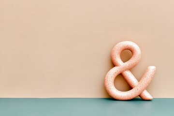 Obraz premium A pink ampersand symbol stands against a pastel peach background, with a teal base, creating a minimalist and modern composition.