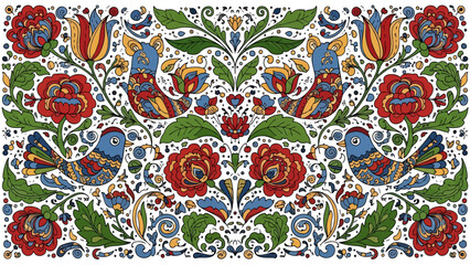 Symmetrical folk art illustration featuring birds, red roses, tulips, and green leaves on a white background, creating a vibrant and decorative pattern.