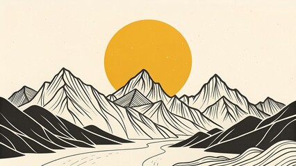 Minimalist line art illustration of a majestic mountain range at sunrise or sunset with a large yellow sun centered above the peaks, featuring a winding river in the foreground
