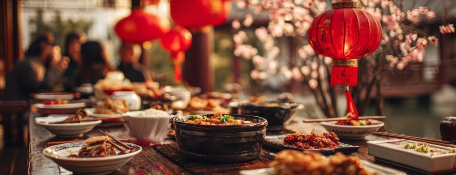 Feast of traditional asian dishes served on table with red Chinese lanterns and blossoms during Lunar New Year