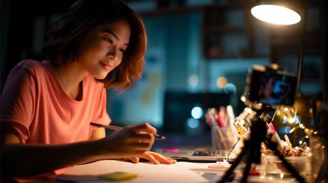 realistic portrait of a Thai gen Z female design student in her dorm room studio, shoulder-length dark hair, no makeup look, wearing simple coral ,t-shirt, sitting at a compact desk, drawing product 