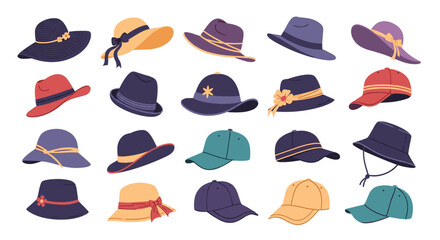 A comprehensive collection of various stylish and fashionable hats and caps, showcasing diverse designs, colors, and types for all occasions.