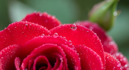 Close up of a vibrant red rose with dew drops glistening on its velvety petals