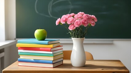 Classroom desk with books apple and flowers for teacher