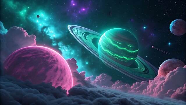 Vibrant neon planets with glowing rings and pink clouds set against a dark, starfilled cosmic nebula in a fantasy space scene - Powered by Adobe