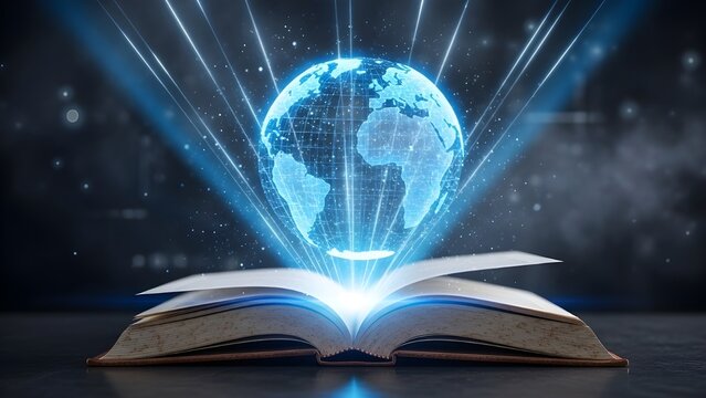 Open book with holographic earth projection and light beams - Powered by Adobe