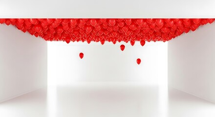 A cascade of vibrant red heart shaped balloons creating a festive and romantic ceiling decoration