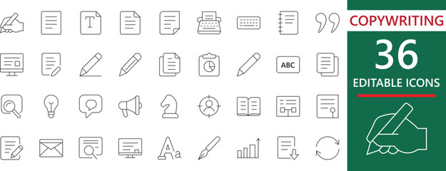 36 Editable Copywriting vector line icons. Essential for content writing, marketing, blogging, SEO, text editing, and communication design.