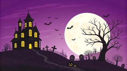 Pixel art illustration of a spooky haunted house and graveyard on a hill under a giant full moon with bats flying in the dark purple night sky for halloween